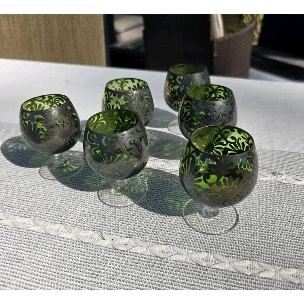 VTG Green Silver Overlay Cordial‎ Liqueuer Glasses Set of 6 Stemware 3